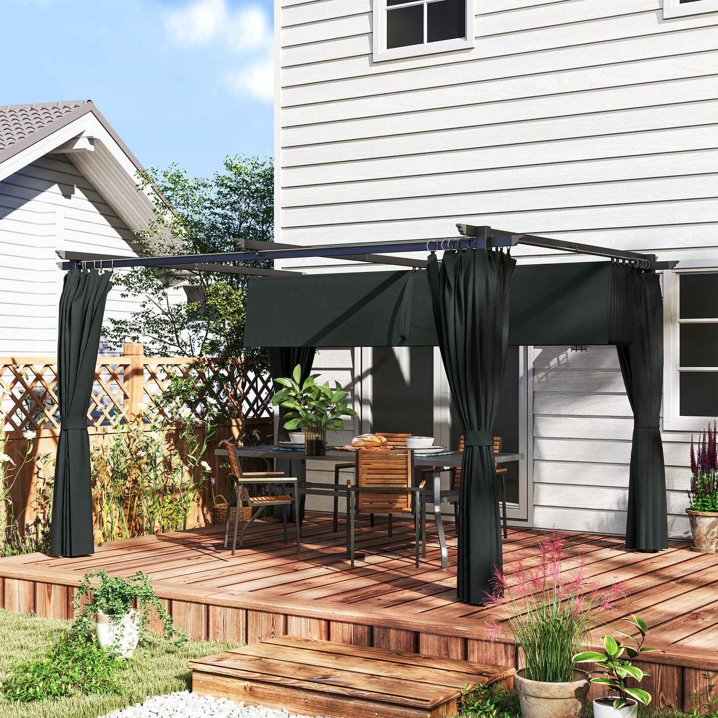 Outsunny Pérgola Con Techo Retráctil 4x3 M Paredes Laterales Anti-uv Gris Oscuro_1