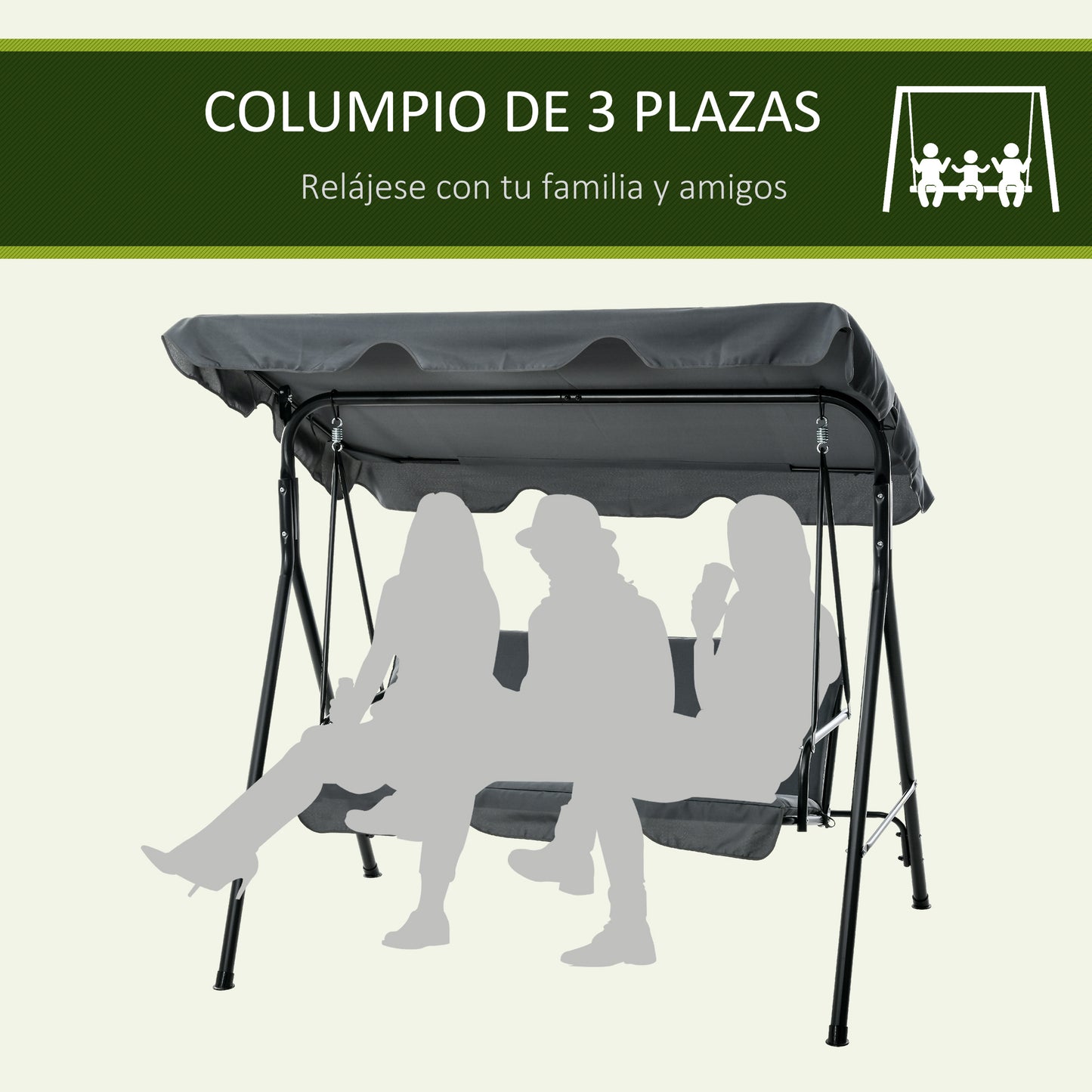 Outsunny Columpio De Jardín De 3 Plazas Con Techo Ajustable 172x110x153cm Gris_5
