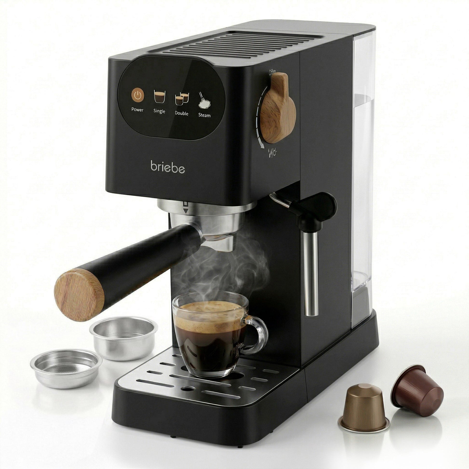 Briebe Nordic Cafetera Espresso 20 Bares Compatible Cápsulas Nespresso Y Café Molido Espumador Leche, Ec1180blk, Negro_0