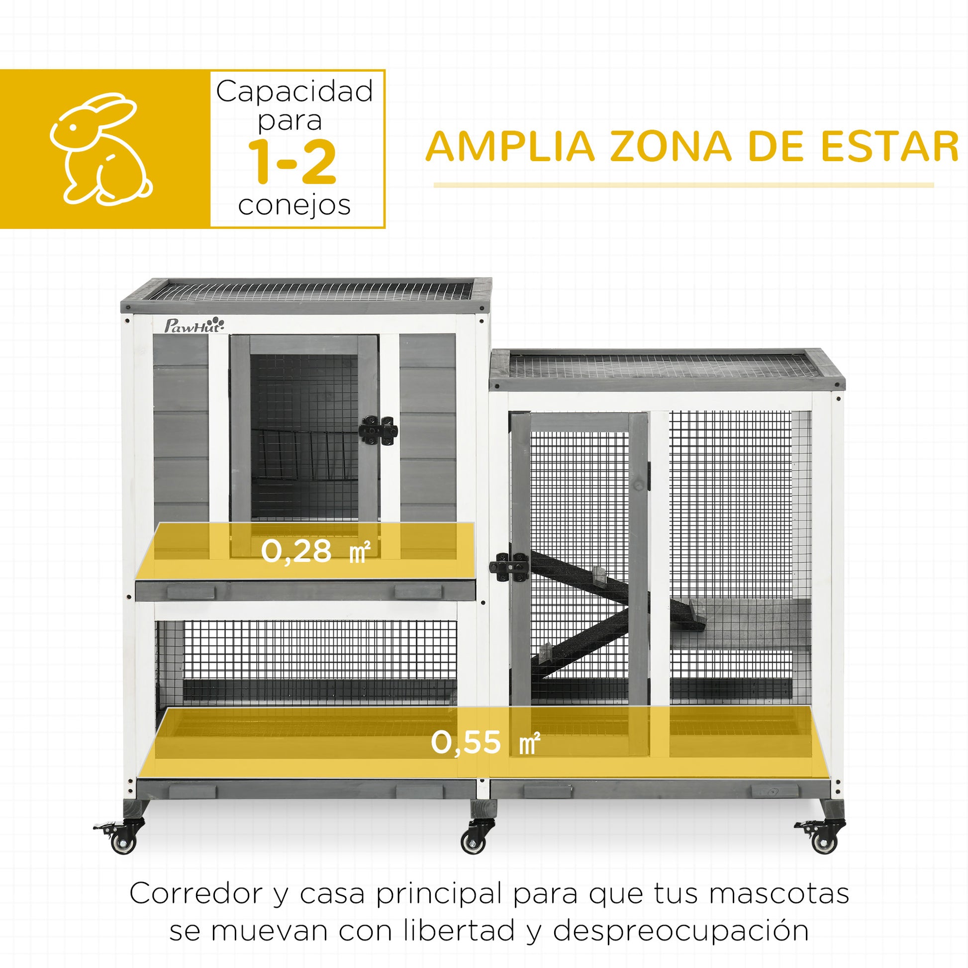 Pawhut Conejera De Madera Para Interior Con 6 Ruedas 110x50x86 Cm Gris_3