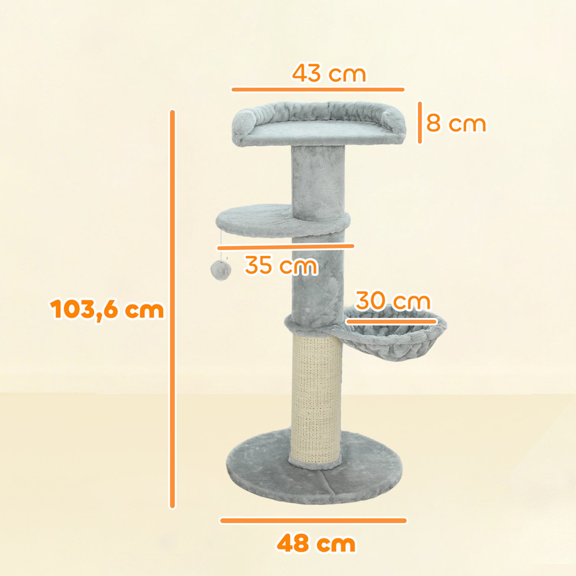 Pawhut Árbol Rascador Para Gatos 103,5 Cm Con Cama Hamaca Bola Gris Claro_2