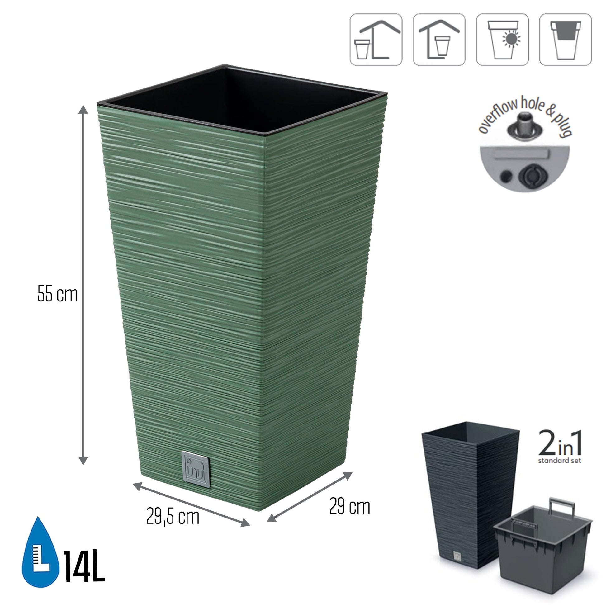 Macetero Color Verde Tierra, Con Depósito, Colección Furu, De 29,5 X 29,5 X 55 Cm, Capacidad De 14 L._1