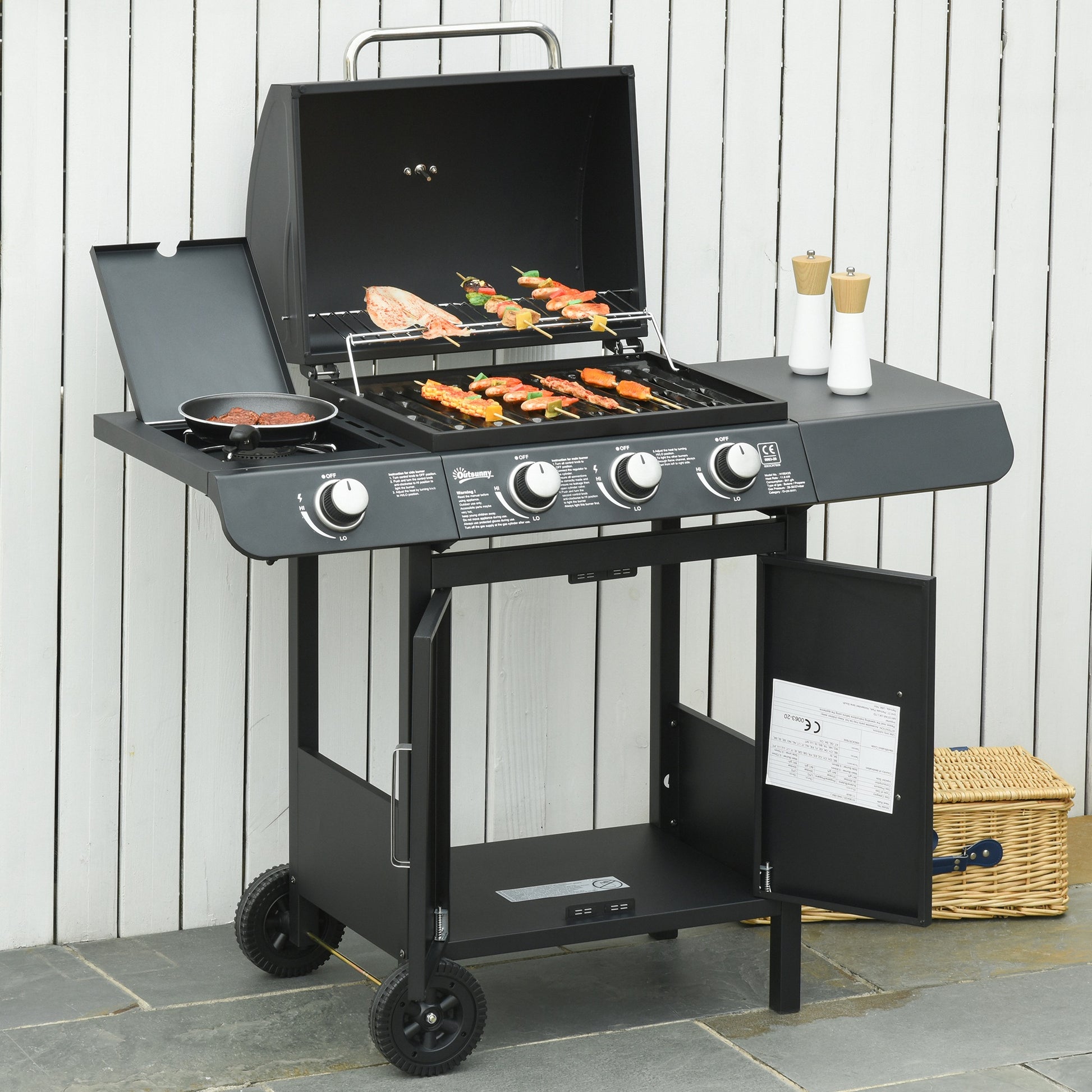 Outsunny Barbacoa De Gas Bbq Con Ruedas Parrilla 3+1 Quemadores 11,6 Kw 2 Mesas_1