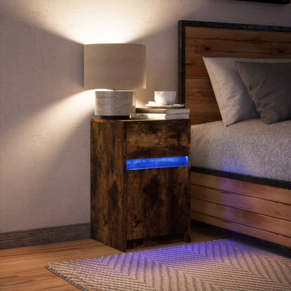 Mesita De Noche Con Luces Led Madera Ingeniería Roble Ahumado_2