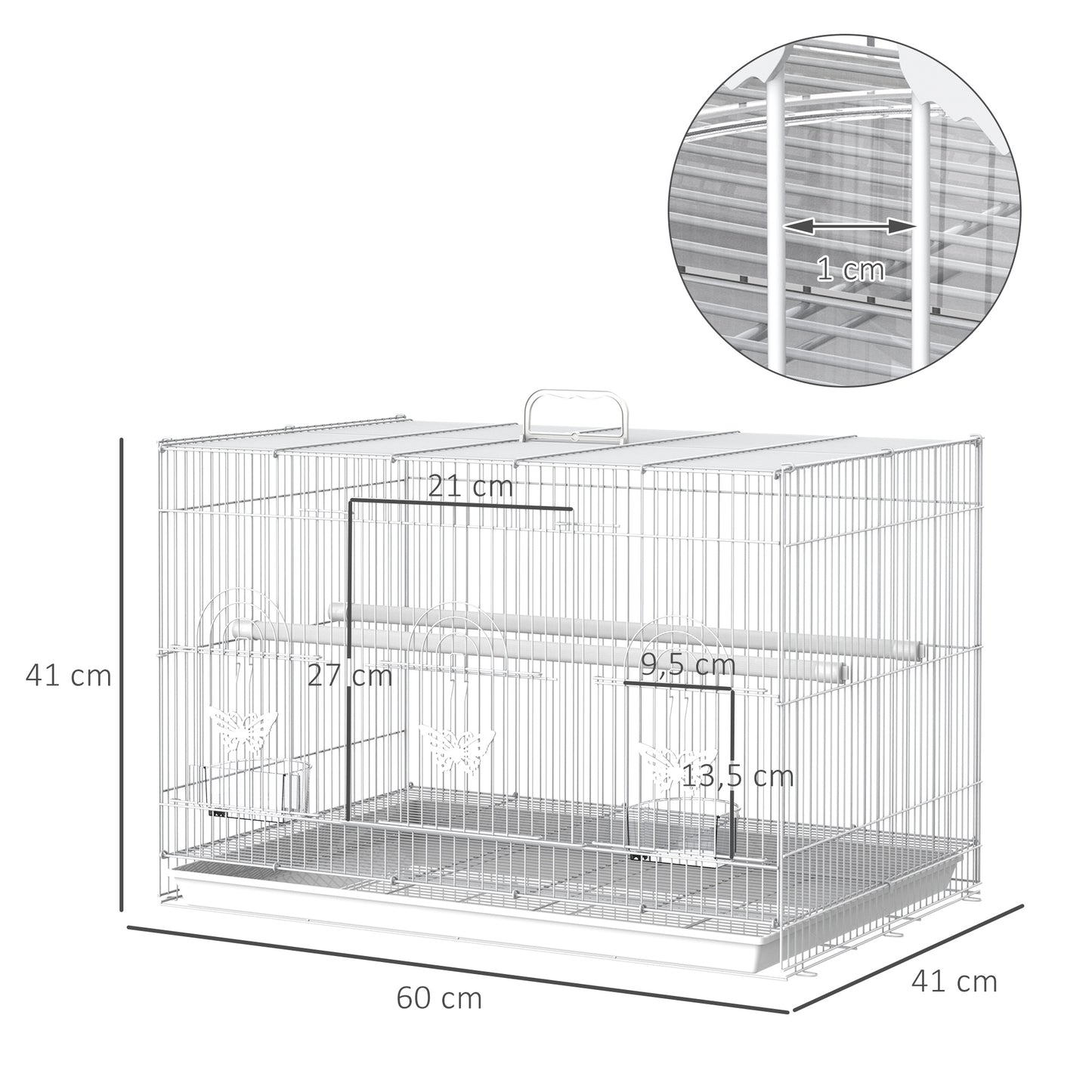 Pawhut Jaula Para Pájaros De Metal 60x41x41 Cm Con Comederos Y 2 Perchas Blanco_2