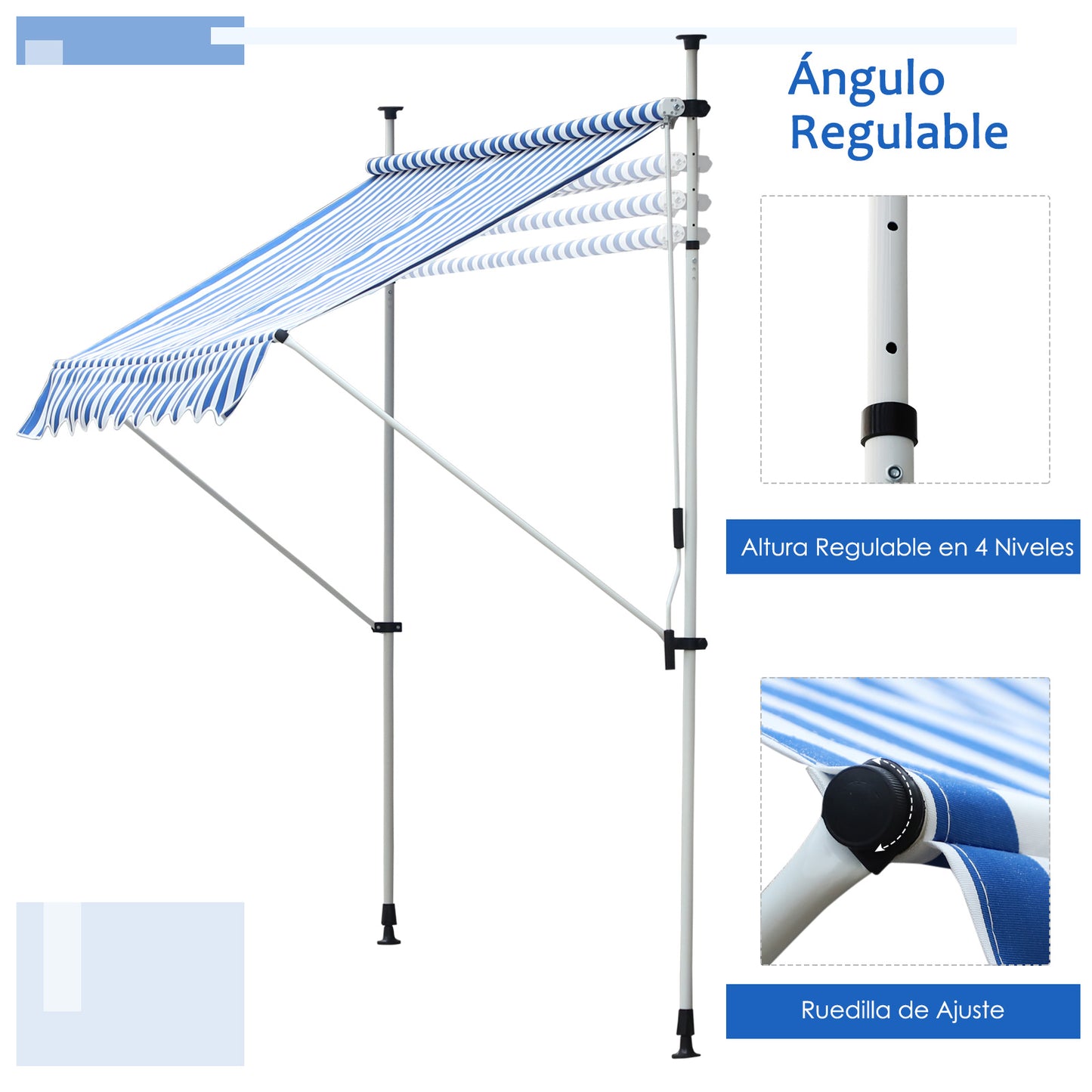 Outsunny Toldo En La Pared Regulable En Altura 197x250x200/300cm Azul Y Blanco_5