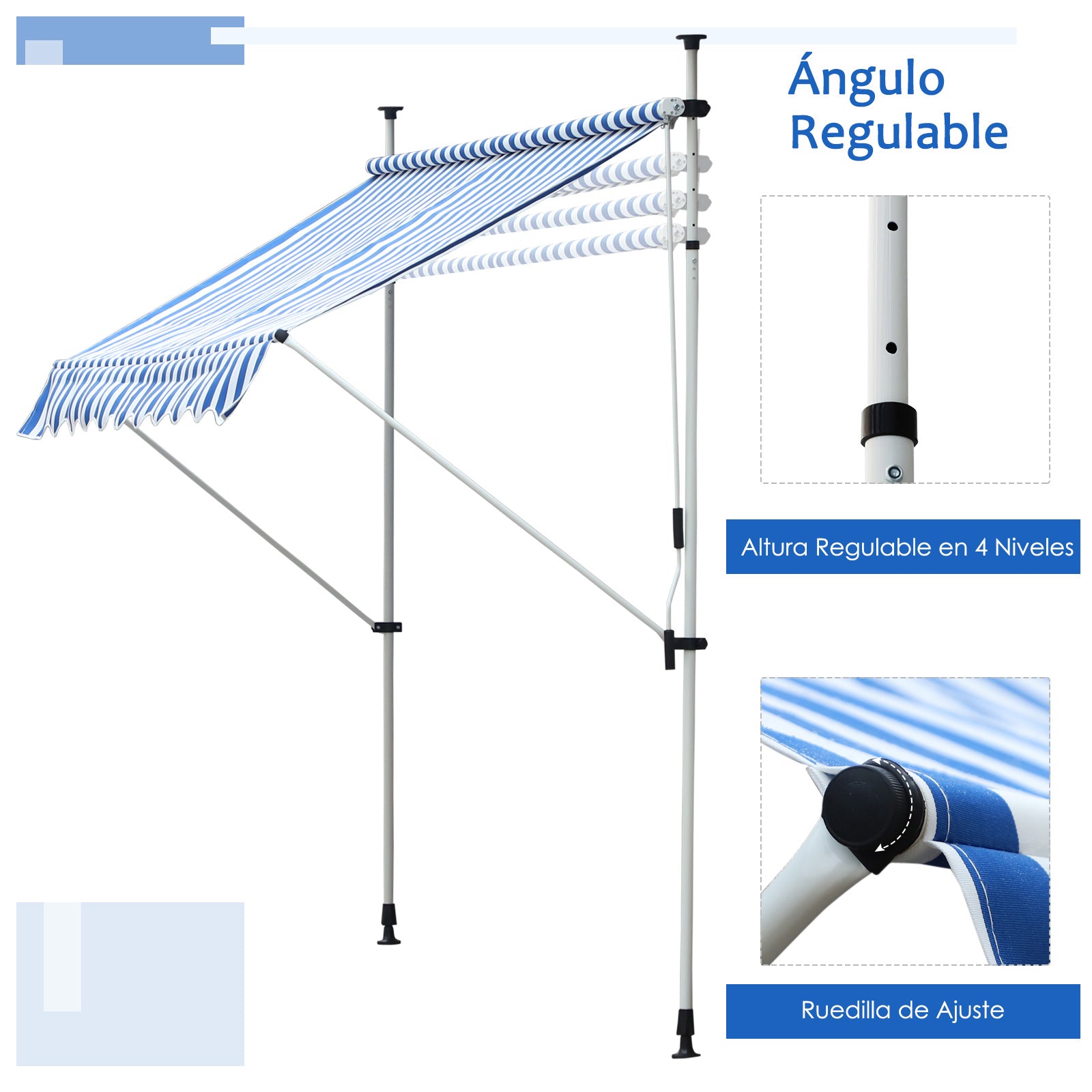 Outsunny Toldo En La Pared Regulable En Altura 197x250x200/300cm Azul Y Blanco_5