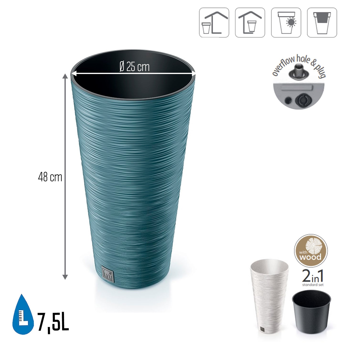 Macetero Color Azul Escandinavo, Con Depósito, Colección Furu, De 25 X 25 X 48 Cm, Capacidad De 7,5 L.