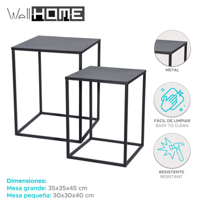 Well Home Juego De 2 Mesas Formato Cuadrado En Metal Color Negro