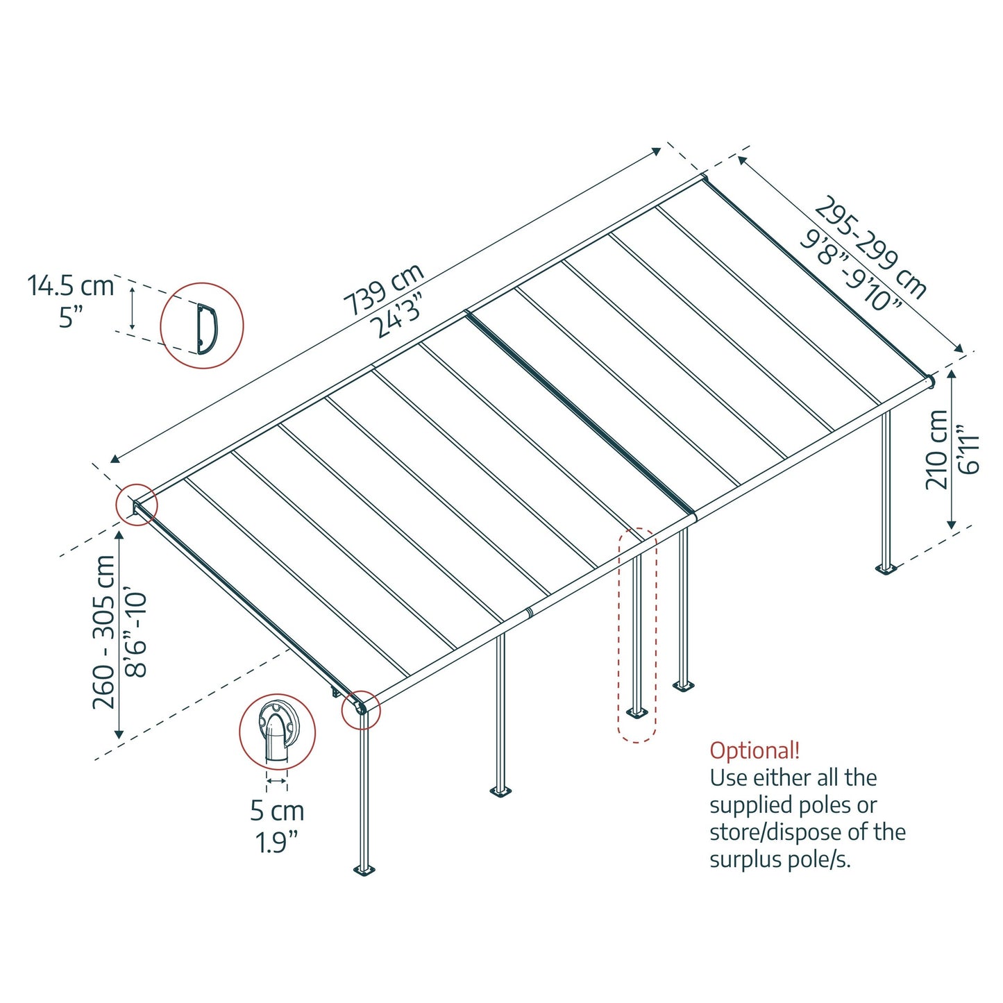 Pérgola adosada Sierra 299x739 m gris