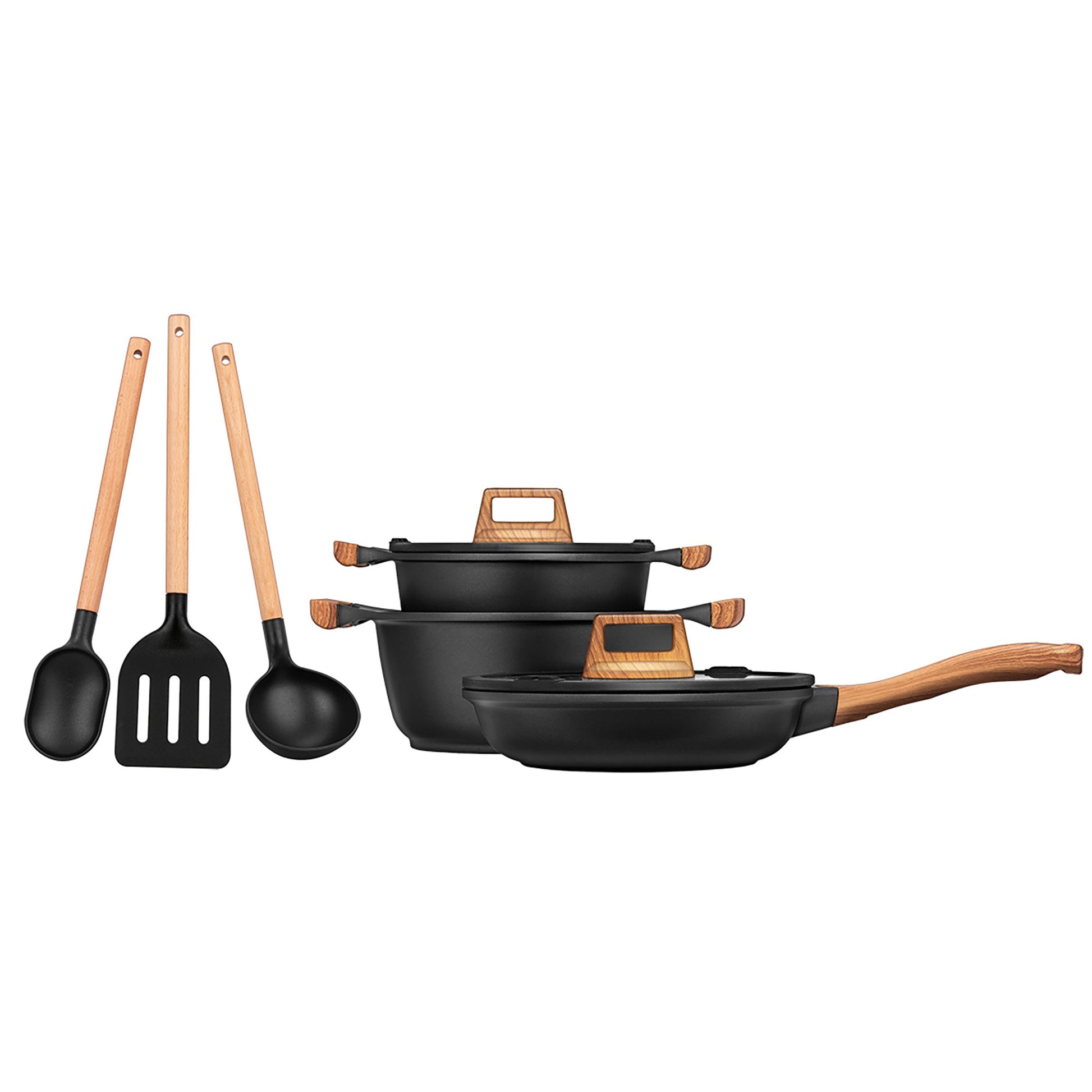 Batería Cocina Inducción Aluminio Fundido Antiadherente Sin Pfoa Set Cazuelas Sartén Utensilios Smile Mgk-23 Negro_1