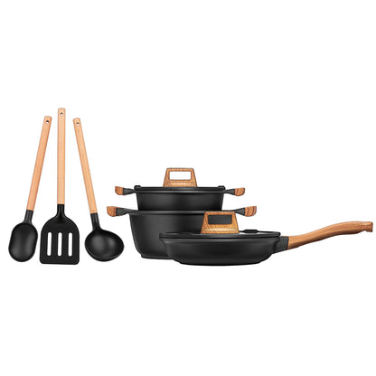 Batería Cocina Inducción Aluminio Fundido Antiadherente Sin Pfoa Set Cazuelas Sartén Utensilios Smile Mgk-23 Negro_1