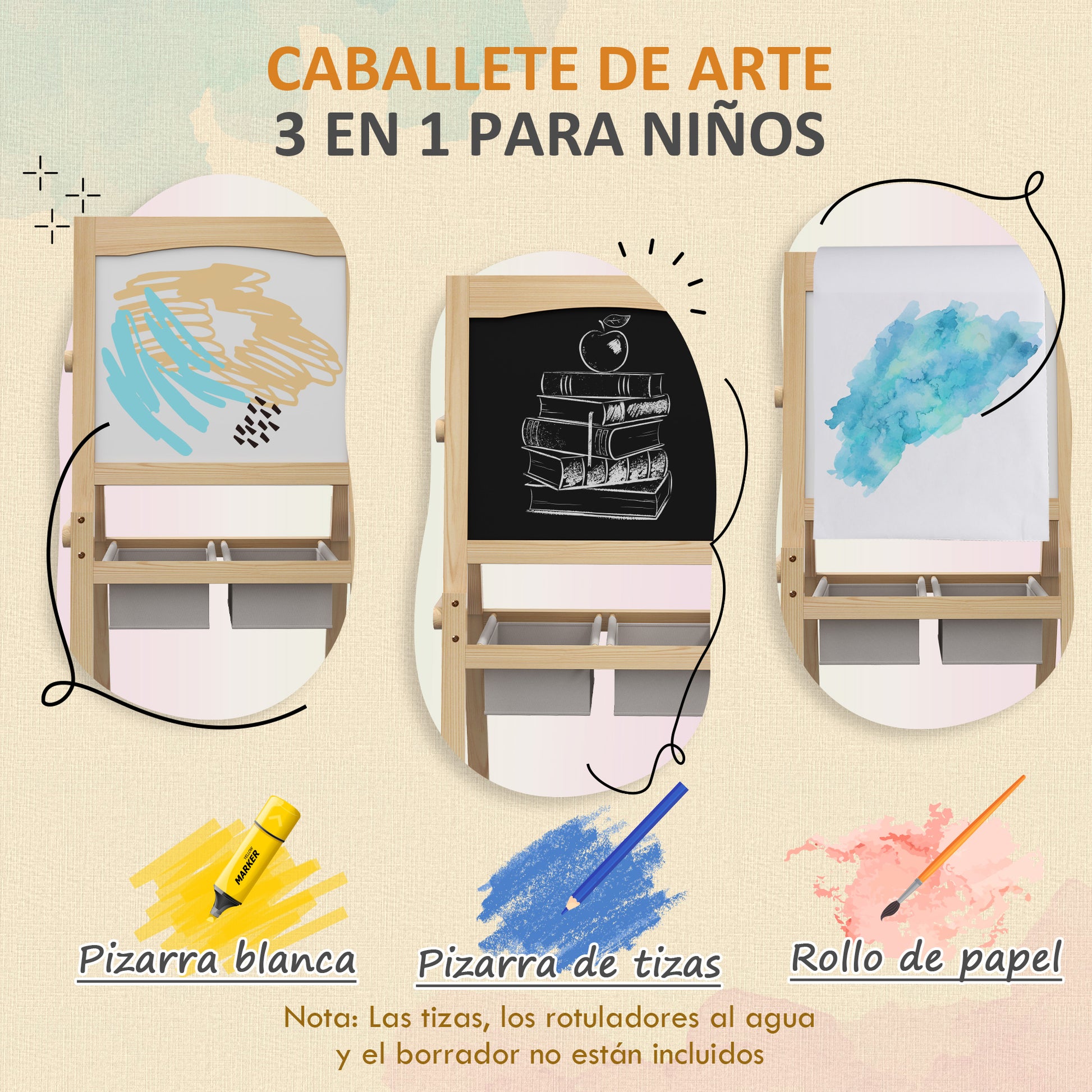 Aiyaplay Caballete Para Niños 3 En 1 Con Rollo De Papel 58x50,5x109 Cm Natural_3