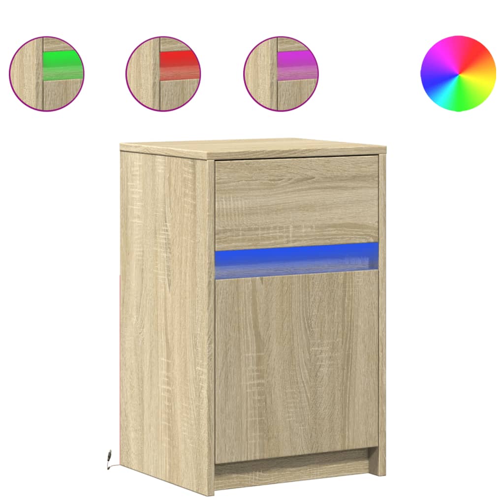 Mesita De Noche Con Luces Led Madera De Ingeniería Roble Sonoma_0