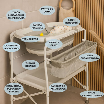 Bañera Bebé 5 En 1 Plegable Con Soporte, Cojín Antideslizante, Cambiador, Gris Pro Bathby_3