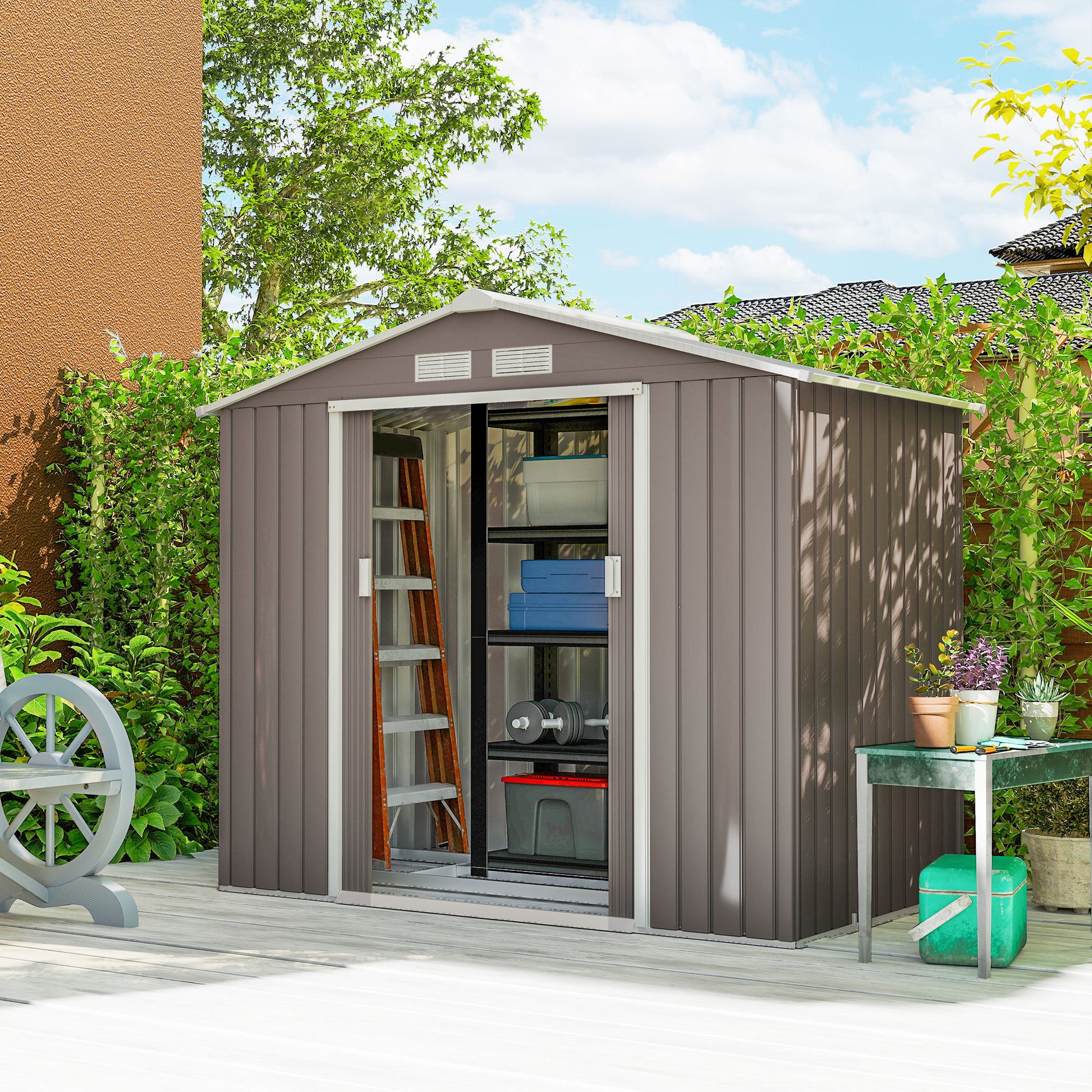 Outsunny Caseta De Jardín 213x130x185 Cm Con 2 Puertas Correderas Y 4 Ventanas_3