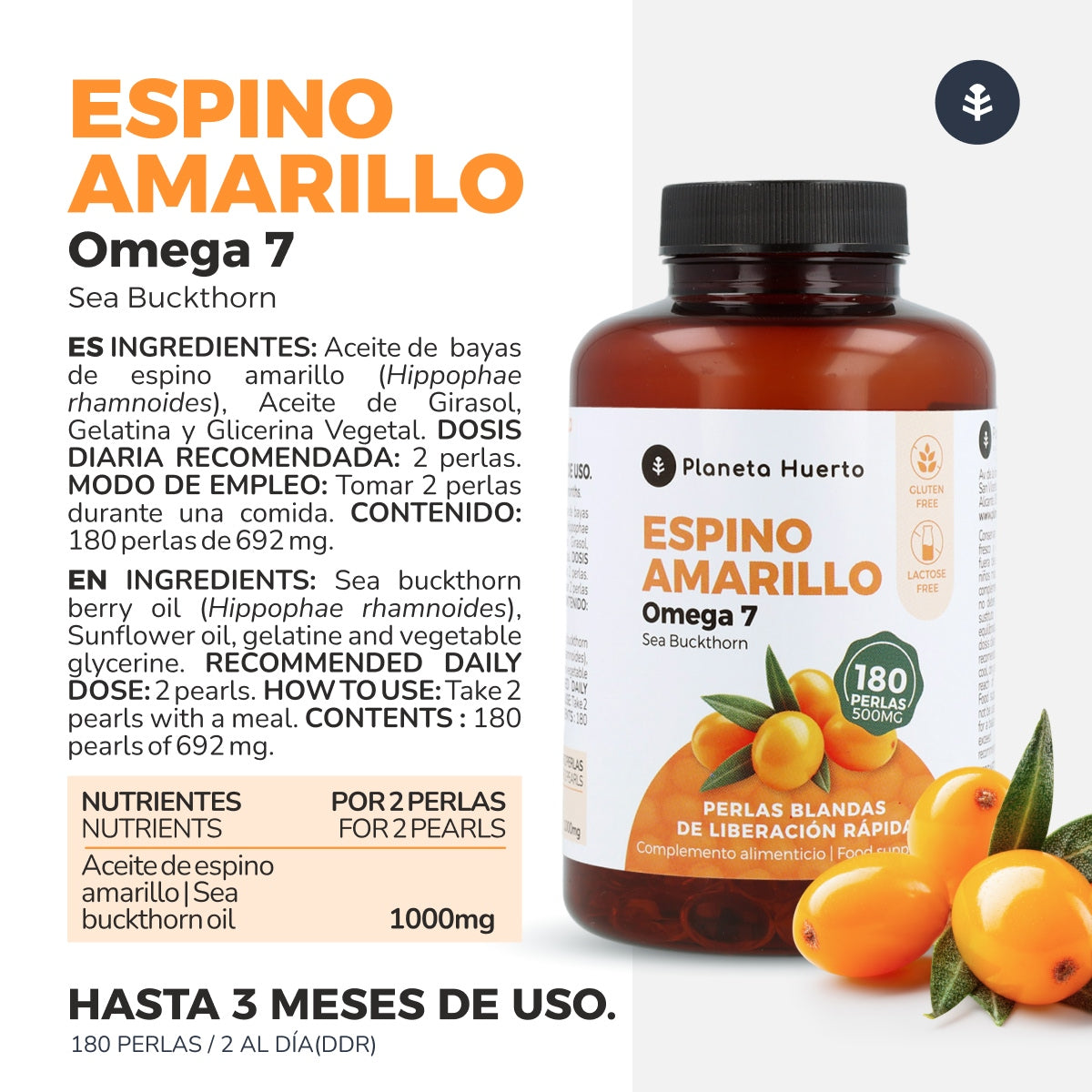 Pack 3x Omega 7 Espino Amarillo Planeta Huerto 180 Perlas