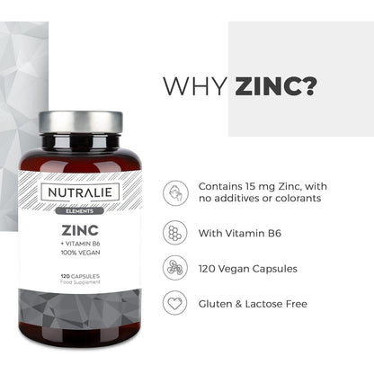 Nutralie Zinc con Vitamina B6 Acné Piel Pelo Vegano 120 Cápsulas