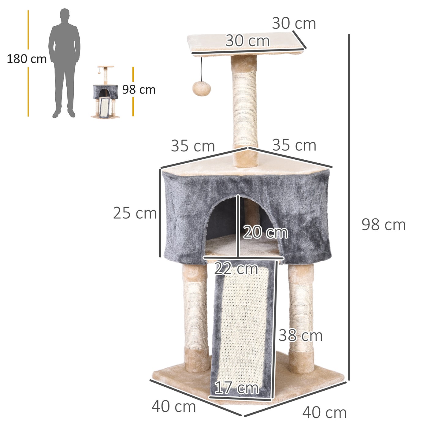 Pawhut Árbol Rascador Para Gatos 40x40x98 Cm Cueva Juguete Colgante Rampa Postes_2