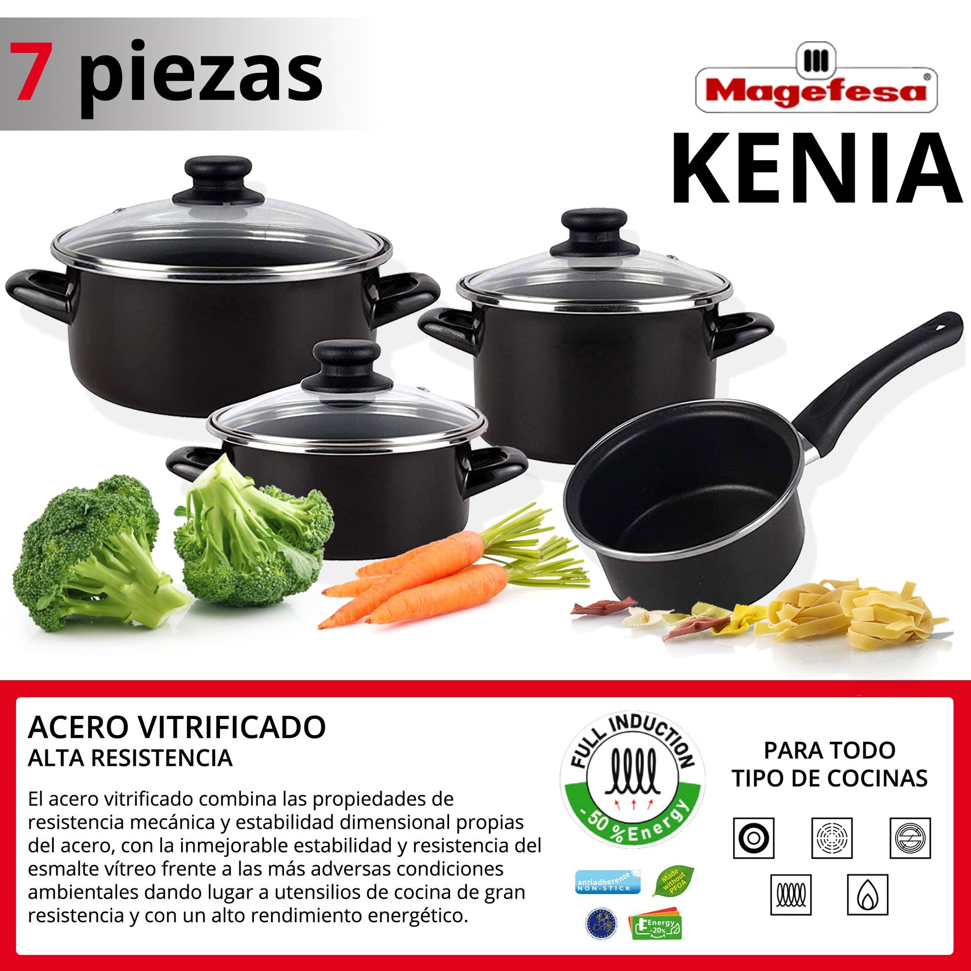 Bateria De Cocina 7 Piezas Magefesa Kenia De Acero Esmaltado Con Juego De Sartenes (22/24/26 Cm) San Ignacio Daimiel En Aluminio Forjado