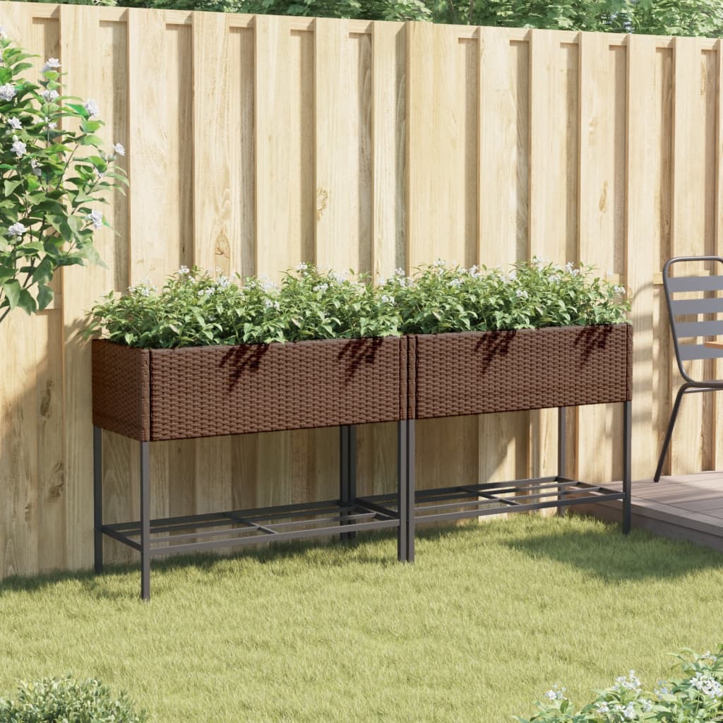 Jardineras Con Estante 2 Uds Ratán Sintético Marrón 90x40x75 Cm_2