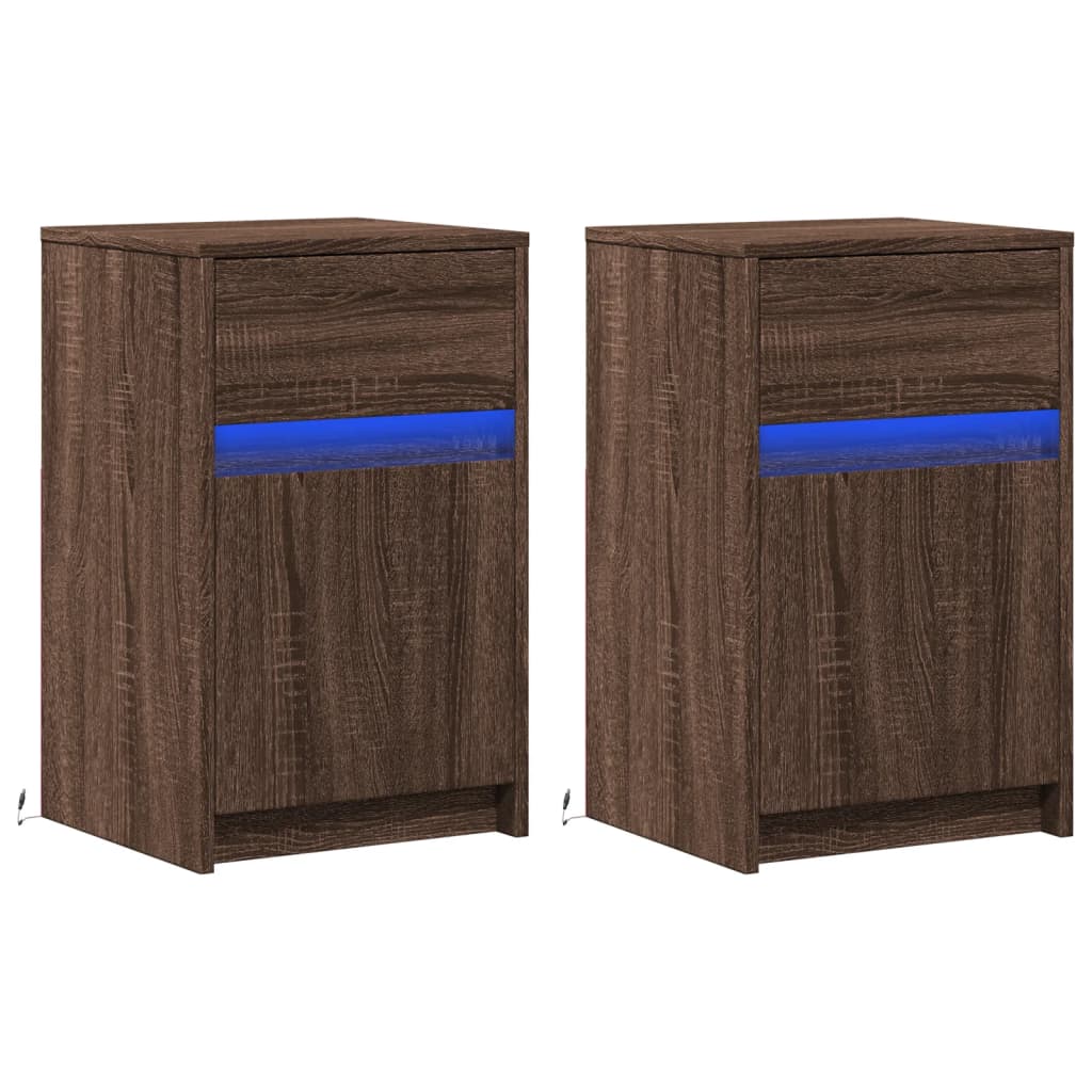Mesitas De Noche Luces Led 2 Uds Madera Ingeniería Roble Marrón_1