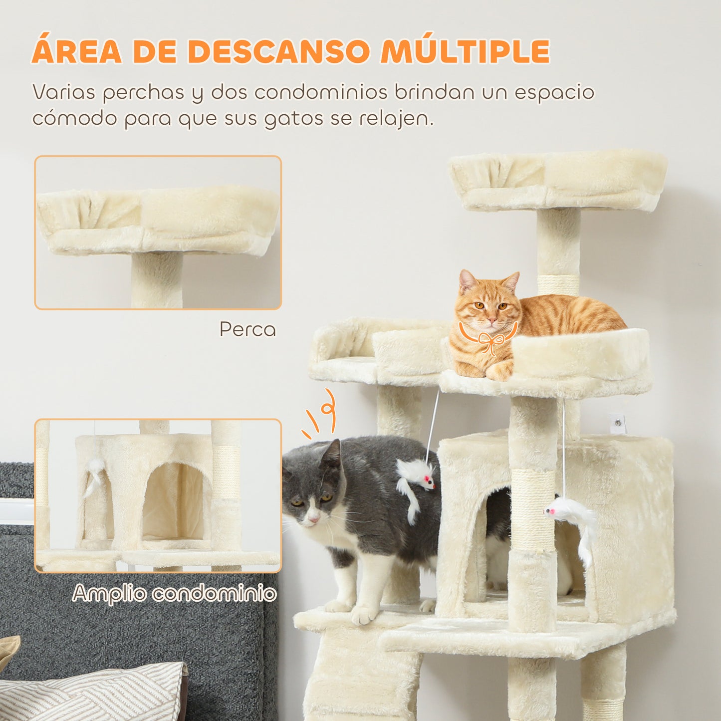 Pawhut Árbol Rascador Para Gatos 153 Cm Con 2 Cuevas 3 Camas 2 Rampas Crema_5