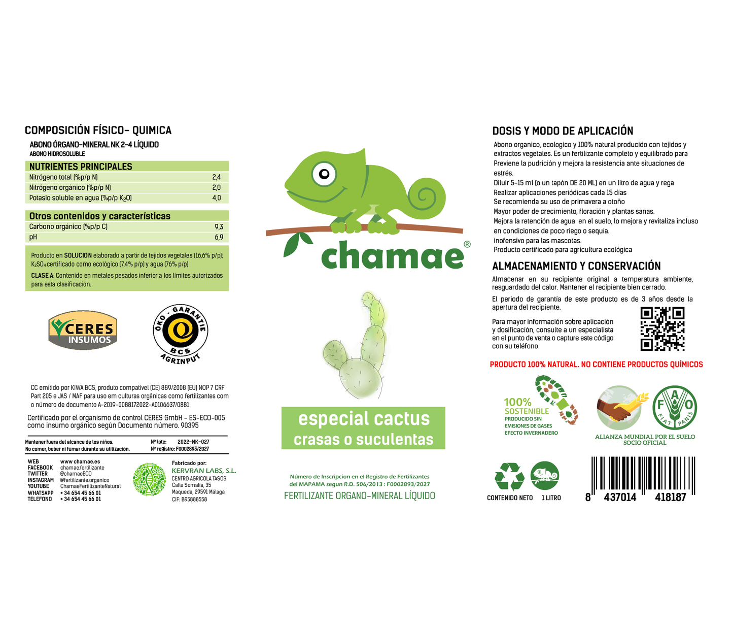 Fertilizante Chamae Especial Cactus y Suculentas Ecológico. 1 Litro. Uso Doméstico.