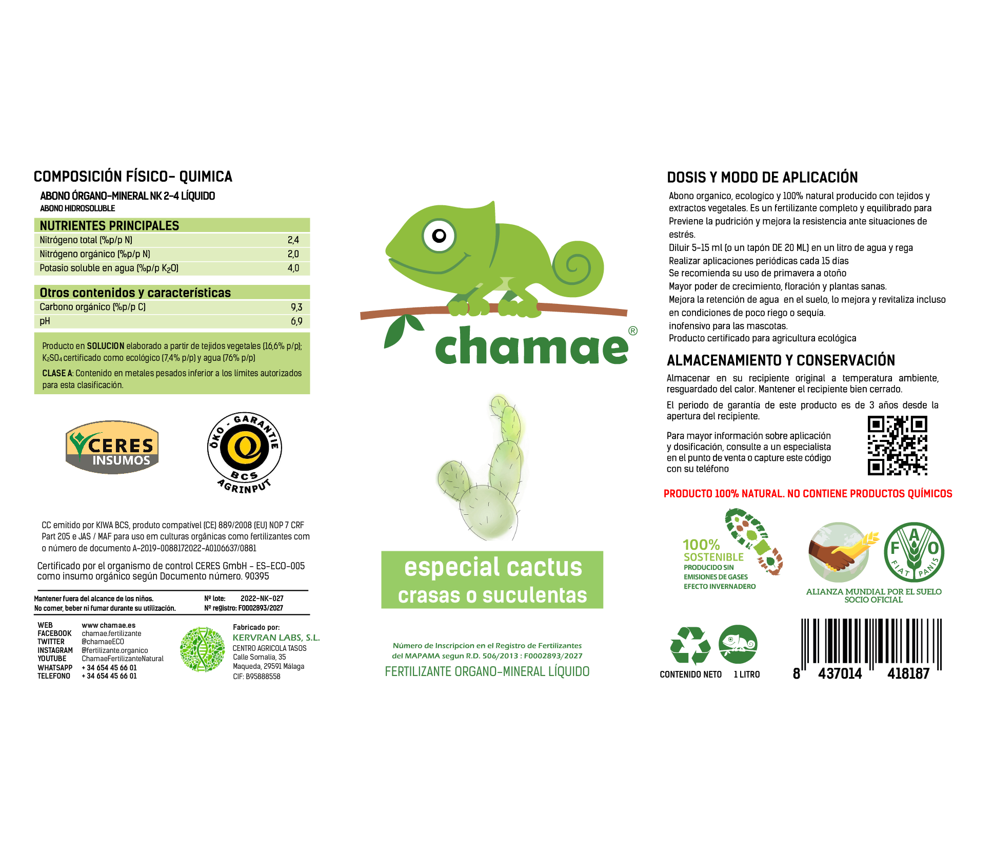 Fertilizante Chamae Especial Cactus y Suculentas Ecológico. 1 Litro. Uso Doméstico.