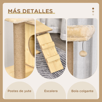 Pawhut Árbol Rascador Para Gatos Altura 130cm Con Postes De Yute 2 Camas Natural_4
