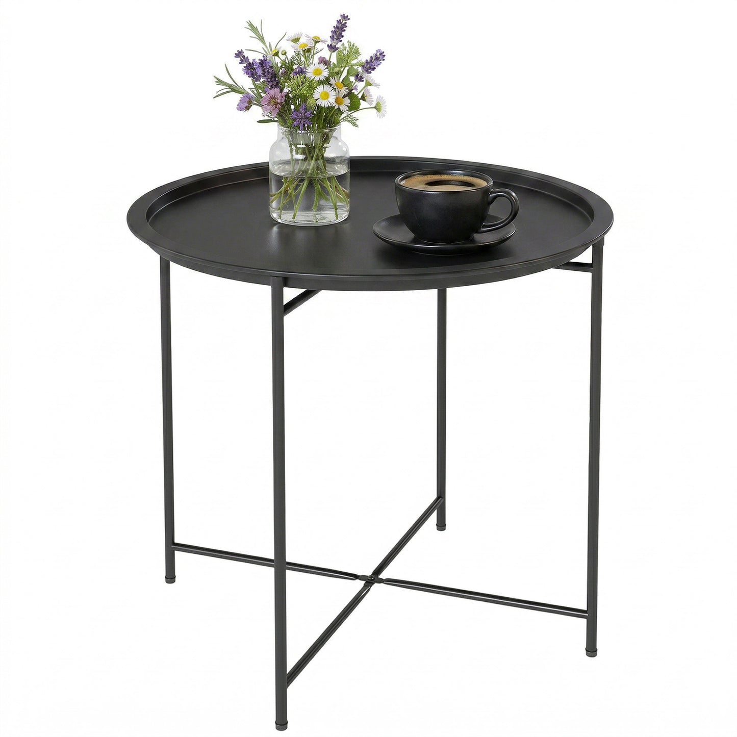 Outsunny Mesa Auxiliar Exterior Redonda Con Bandeja Extraíble Ø46x50 Cm Negro_0