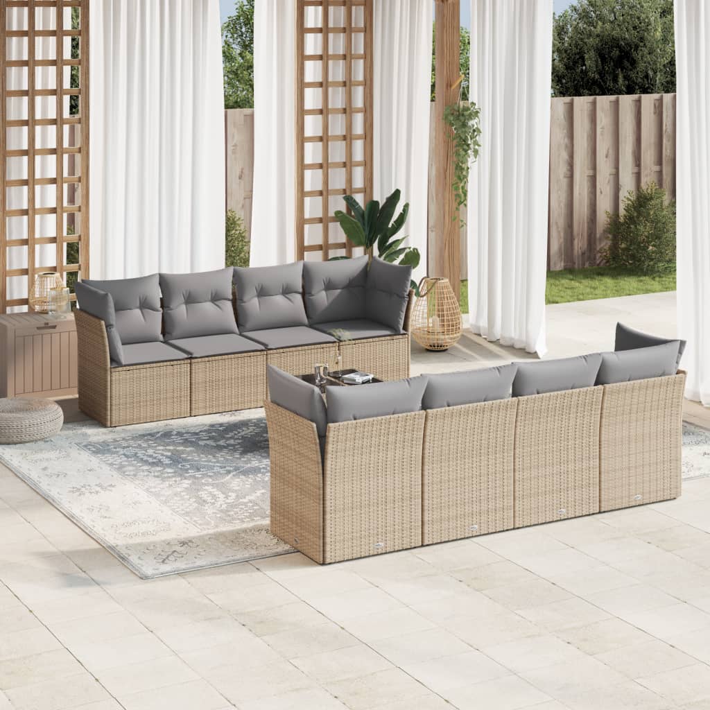 Set De Sofás De Jardín 9 Pzas Con Cojines Ratán Sintético Beige / Vetonek_1