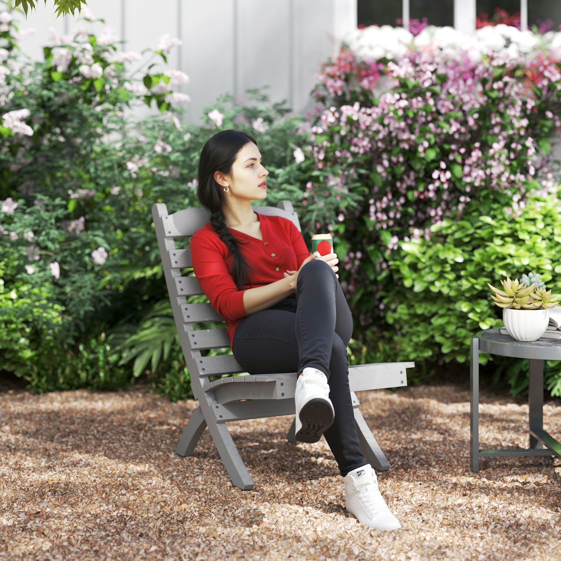 Outsunny Silla De Jardín De Madera Con Diseño Listones Y Respaldo Inclinado Gris_1