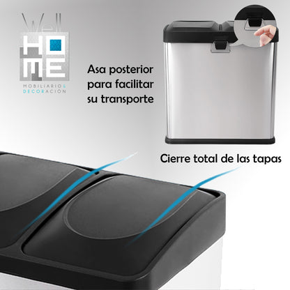 Cubo De Reciclaje Ecológico 30 Litros De 2 Compartimentos, Gran Capacidad, Para Papel, Vidrio Y Plástico_3