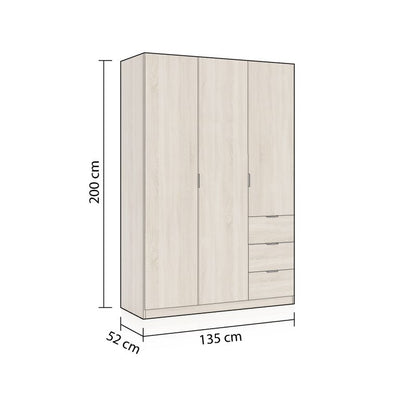 Armario Magan 3 Puertas Y 3 Cajones Melamina, Roble, 135 X 200 X 52_5