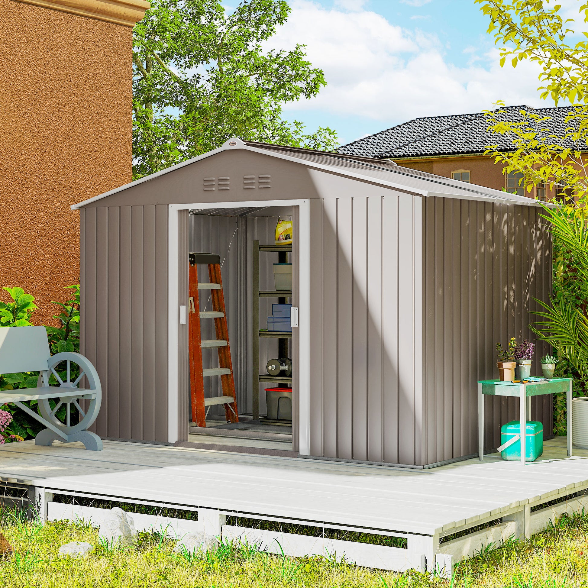 Outsunny Caseta De Jardín 4,9 M² 277x195x192 Cm Con Puerta Corredera Gris Claro_1