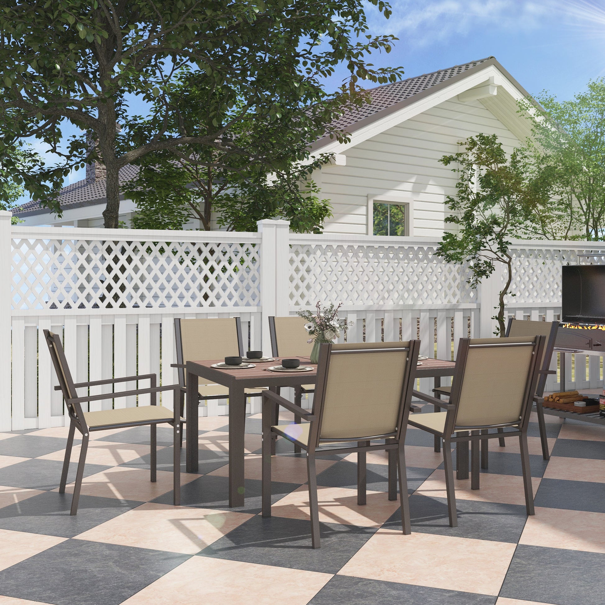 Outsunny Conjunto De Comedor De Exterior De 7 Piezas Con Sillas Apilables Marrón_1