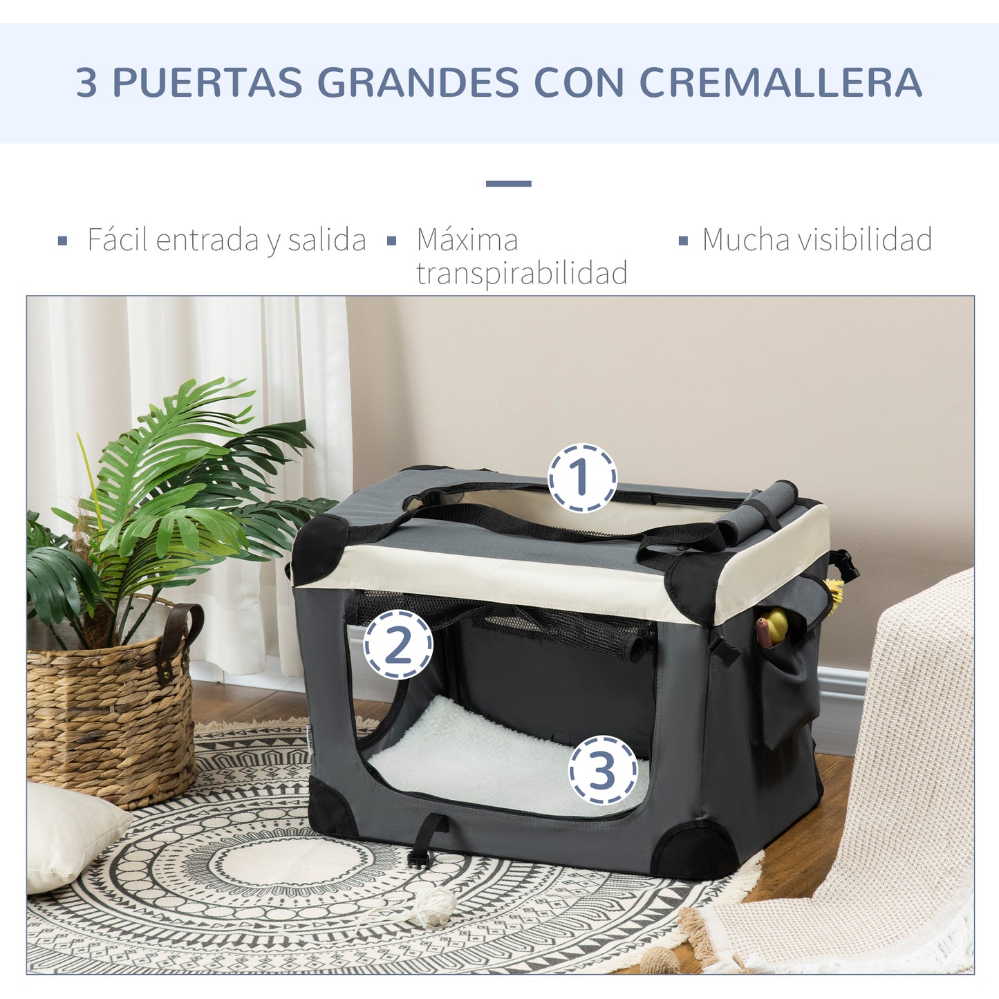 Pawhut Transportín Para Perros Gatos Plegable Cojín Suave 60x41x41 Cm Gris_3