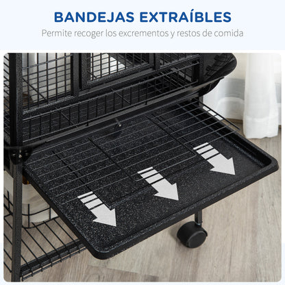 Pawhut Jaula Para Pájaros Con Soporte Ruedas 62,5x62,5x156cm 4 Comederos Gris_3