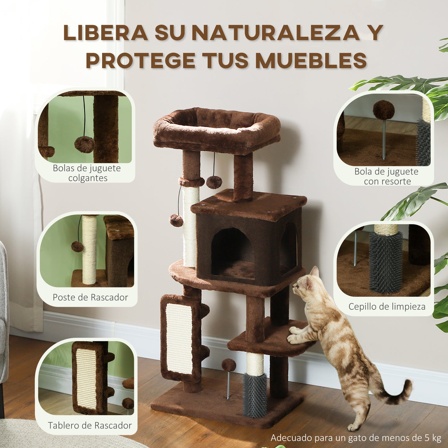 Pawhut Árbol Rascador Para Gatos Altura 104cm Con Almohadilla Para Rascar Marrón_4