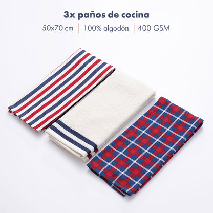 Set 3pzs Paños De Cocina 50x70cm 400gsm 100%algodón Teñido El Ganso_1