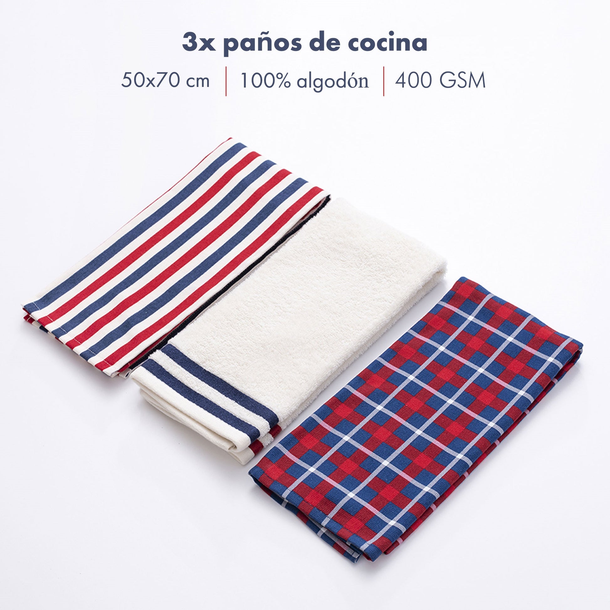 Set 3pzs Paños De Cocina 50x70cm 400gsm 100%algodón Teñido El Ganso