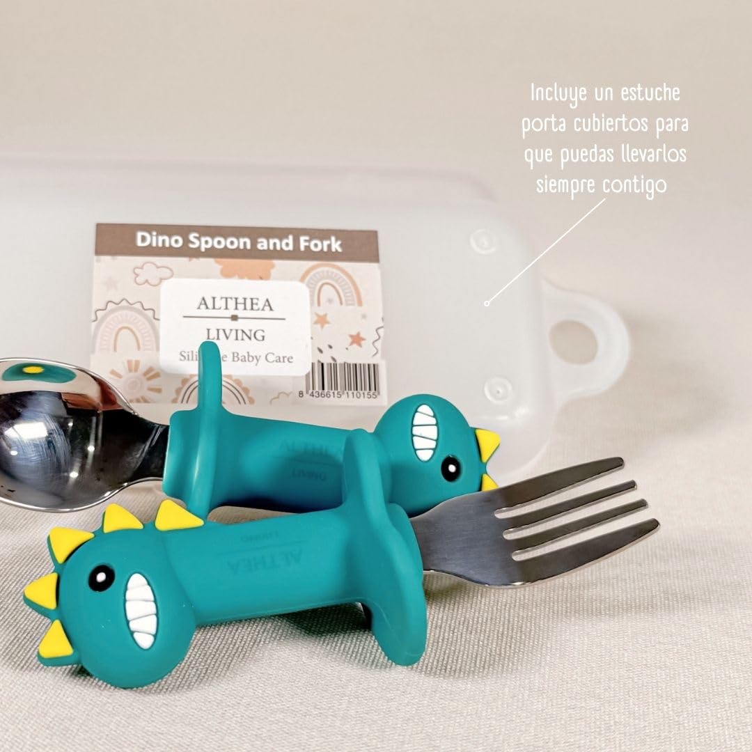 Juego De Cubiertos Ergonómicos Para Bebé Con Forma De Dinosaurio · Set 2 Piezas Althea Living Verde_1