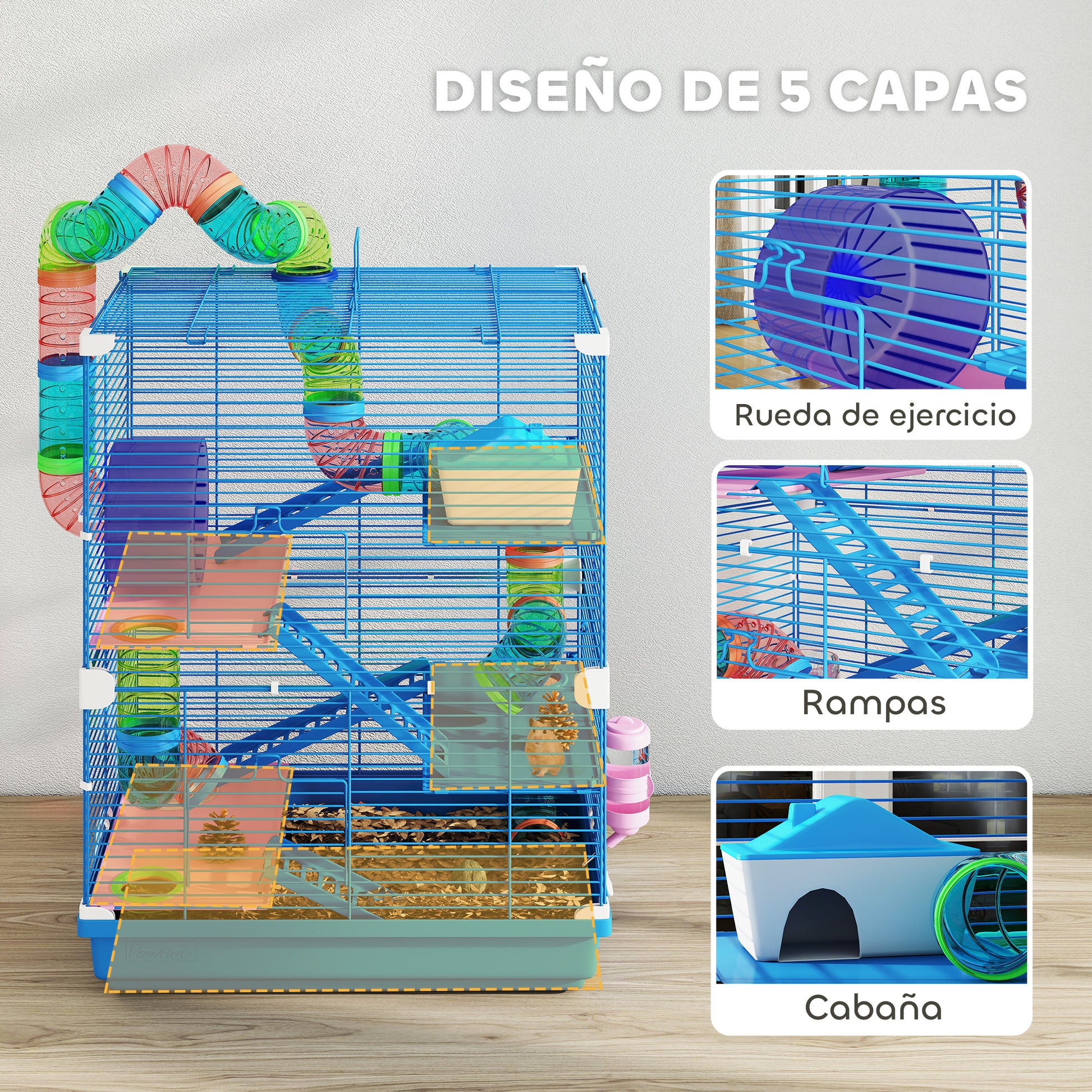 Pawhut Jaula Para Hámster Con Túnel Cuenco Bebedero 46x30x58 Cm Azul_5