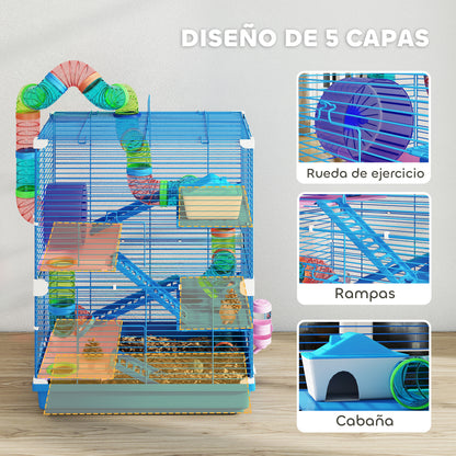Pawhut Jaula Para Hámster Con Túnel Cuenco Bebedero 46x30x58 Cm Azul_5