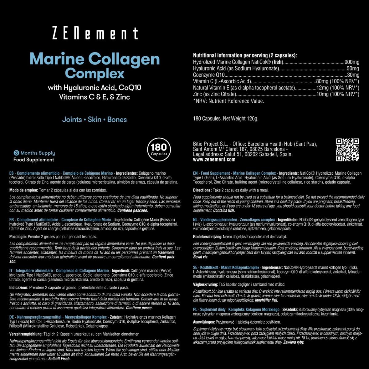 Complejo de colágeno marino con ácido hialurónico, CoQ10, vitaminas C & E y Zinc Zenement, 180 comprimidos