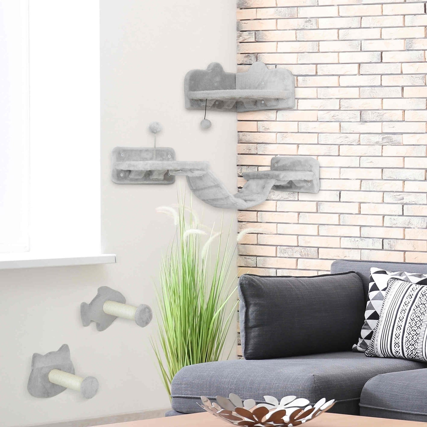 Pawhut Juego De Pared De Escalada Para Gatos De 4 Piezas Con Plataformas Gris_1