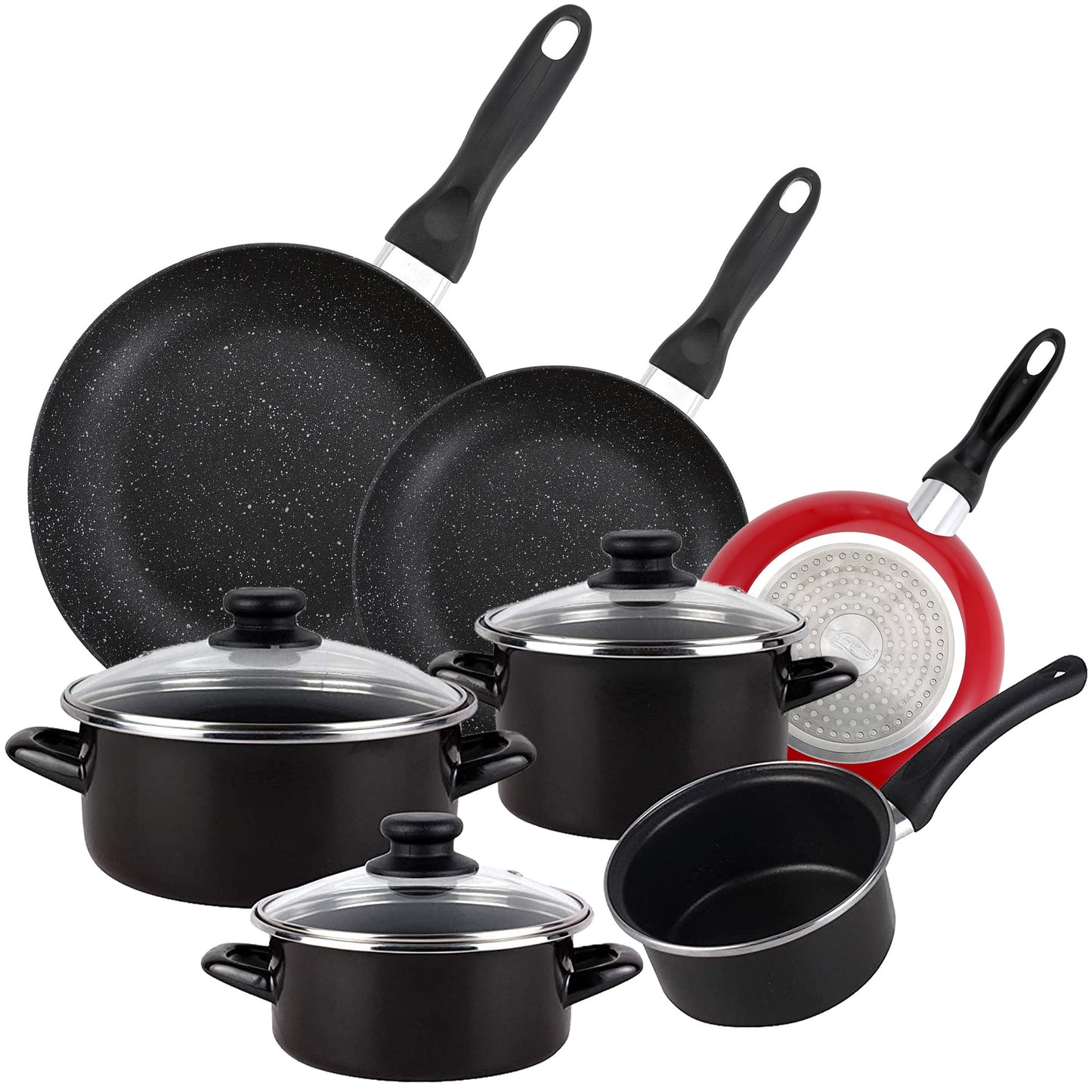 Pack De 3 Sartenes San Ignacio  Ø16cm Ø20cm Ø24cm + Batería De Cocina De 7 Piezas En Acero Vitrificado