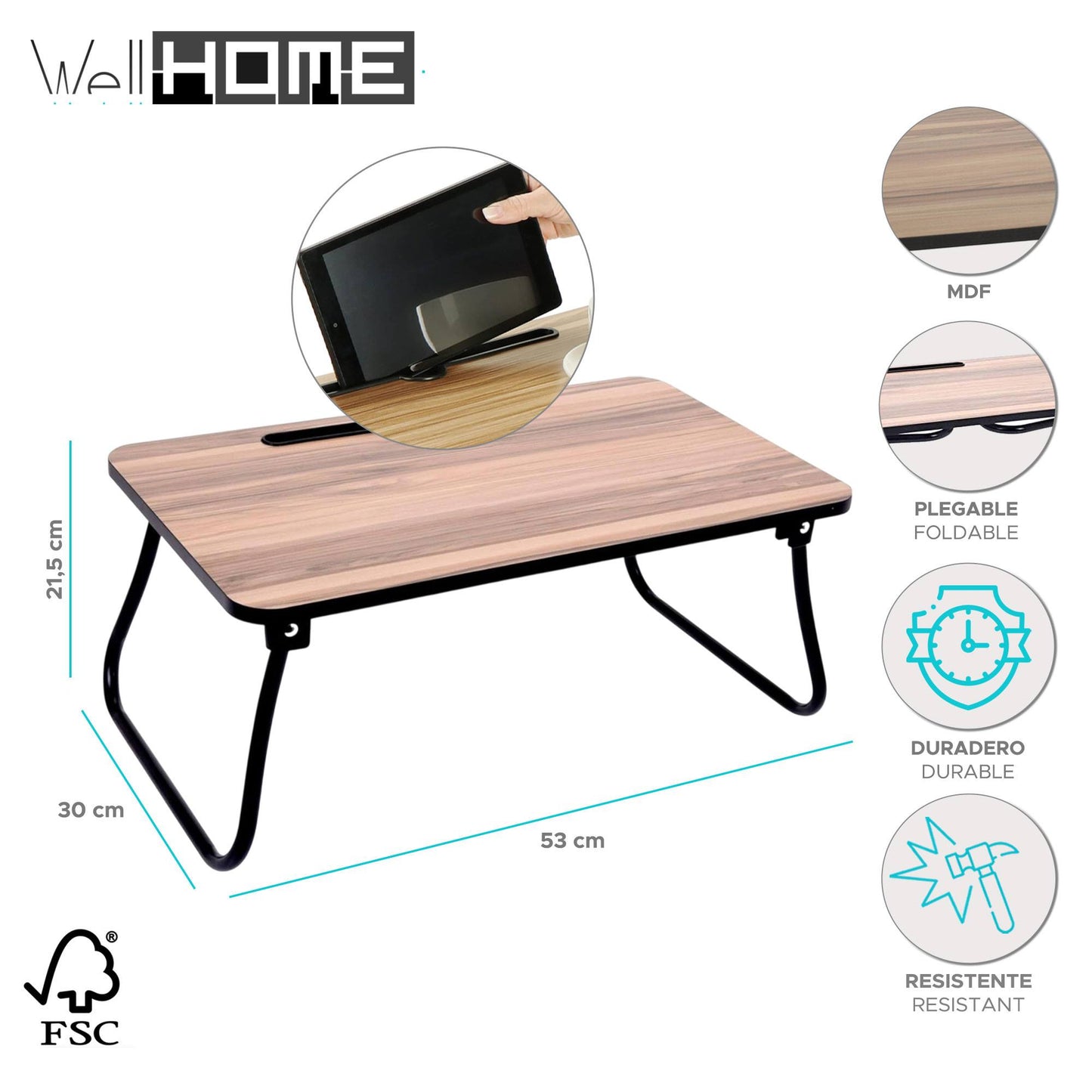 Well Home Bandeja Portátil Para La Cama En Mdf Y Melamina 53x30,5x5cm