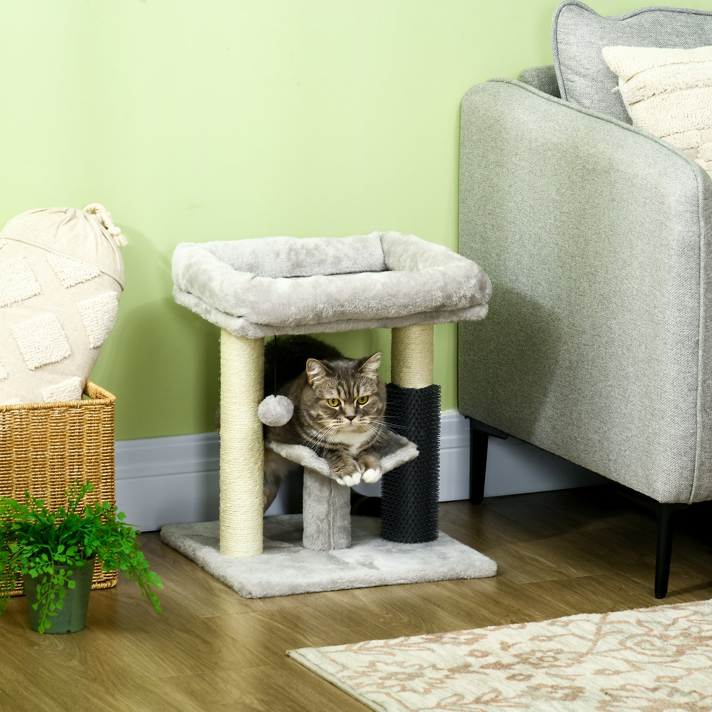 Pawhut Rascador Para Gatos Altura 48 Cm Con Plataforma En U Y Cepillo Gris_1